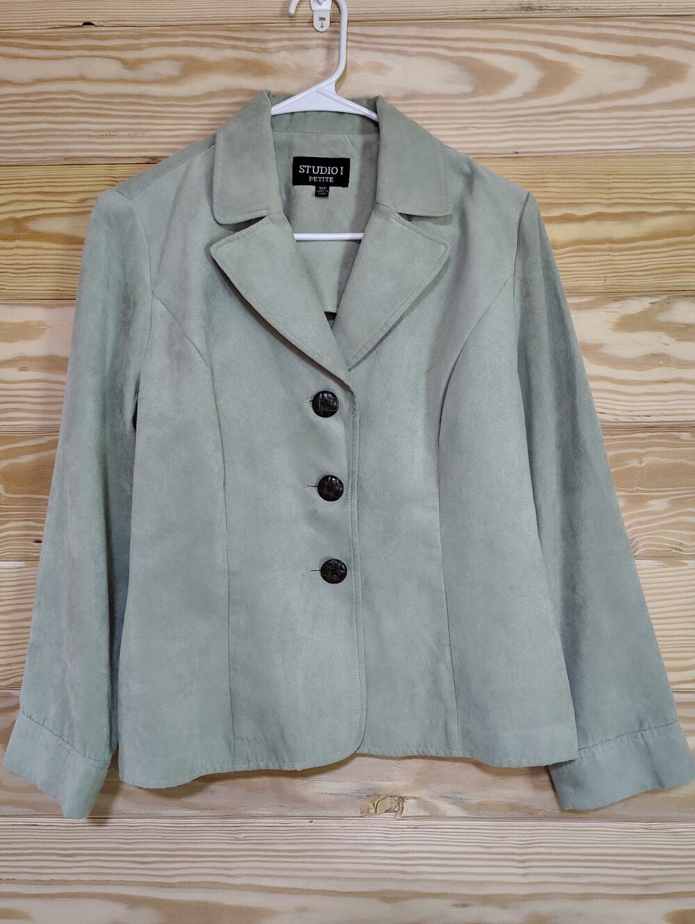 Studio I Petite Sage Green Faux Suede Blazer Jacket 10P Soft Girl Quiet Luxury